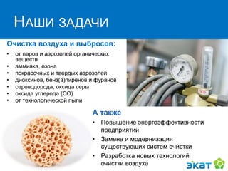 НАШИ ЗАДАЧИ
Очистка воздуха и выбросов:
• от паров и аэрозолей органических
веществ
• аммиака, озона
• покрасочных и твердых аэрозолей
• диоксинов, бенз(а)пиренов и фуранов
• сероводорода, оксида серы
• оксида углерода (СО)
• от технологической пыли
А также
• Повышение энергоэффективности
предприятий
• Замена и модернизация
существующих систем очистки
• Разработка новых технологий
очистки воздуха
 