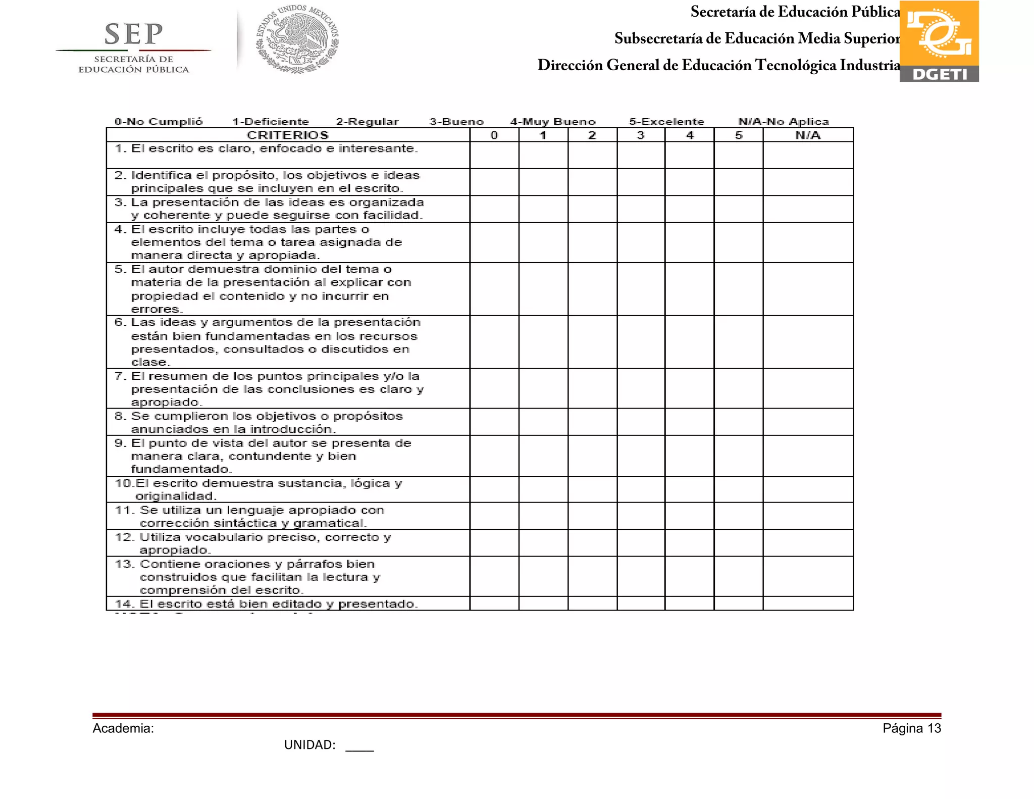 Secretaría de Educación Pública
Subsecretaría de Educación Media Superior
Dirección General de Educación Tecnológica Industria
Subdirección de Enlace Operativo en Tamaulipas
Academia: Página 13
UNIDAD: ____
 