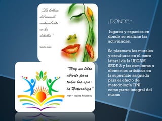 ¿DÓNDE? :
lugares y espacios en
donde se realizan las
actividades.
Se plasmara los murales
y esculturas en el muro
lateral de la UECAM
SEDE 2 y las esculturas o
elementos artísticos en
la superficie asignada
para el efecto de
metodología TINI
como parte integral del
mismo
 