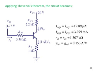 Applying Thevenin’s theorem, the circuit becomes;
A/V153.0
k307.1
mA979.3
μA89.19
21
21
21
21
==
Ω==
==
==
mm
CQCQ
BQBQ
gg
rr
II
II
ππ
15
 