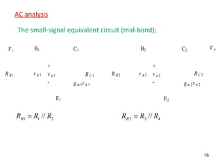 R B1 r π 1 r π 2
gm 1v π 1 gm 2v π 2
R B2R C 1
+
v π 1
-
+
v π 2
-
R C 2
V i V oB1
E1
C1 B2
E2
C2
AC analysis
211 // RRRB = 432 // RRRB =
The small-signal equivalent circuit (mid-band);
16
 