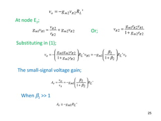 '22 Lmo Rvgv π−=
At node E2;
22
2
2
11 π
π
π
π vg
r
v
vg mm += Or; 22
121
2
1 π
ππ
π
rg
vrg
v
m
m
+
=
Substituting in (1);
sLmL
m
mm
o vRgvR
rg
rgg
v '
1
'
1 2
2
11
22
221








+
−=







+
−=
β
β
π
π
π
25
When β2 >> 1
'
21
2
1 LRmg
sv
ov
vA 







+
−==
β
β
The small-signal voltage gain;
'1 LRmgvA −≅
 