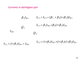 Currents in darlington pair
Q 1
Q 2
β 1Ι Β 1
Ι Β 1
Ι E 1 = (1+β 1)Ι Β 1 = Ι Β 2
Ι E 2 = (1+β 2)Ι Β 2 =(1+β 1)(1+β 2)Ι Β 1
Ι C 2 = β 2Ι Β 2 =β 2(1+β 1)Ι Β 1
Ι C 1 + ΙC 2 = [β 1 + β 2(1+β 1)]Ι Β 1
27
 