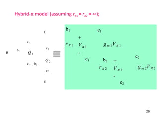 Q 1
Q 2
b1
b2e1
e2
c1
c2
B
C
E
Hybrid-π model (assuming ro1 = ro2 = ∞);
rπ 1
rπ 2
+
Vπ 1
-
+
Vπ 2
-
g m 2Vπ 2
g m 1Vπ 1
b1
b2
c2
e1
e2
c1
≡
29
 