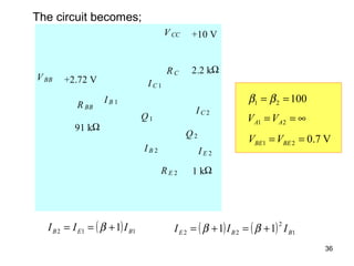 The circuit becomes;
( ) 112 1 BEB III +== β ( ) ( ) 1
2
22 11 BBE III +=+= ββ
RC 2.2 kΩ
R E 2 1 kΩ
R BB
VBB
+10 VV CC
+2.72 V
91 kΩ
Q1
Q2
IB 1
IB 2
IC 1
IC 2
IE 2
10021 == ββ
∞== 21 AA VV
V7.021 == BEBE VV
36
 