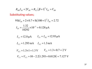 ( ) BBBEBEBBB VIRVIR =+++ 1
2
21 12 β
Substituting values;
μA8.121 =CI
mA3.12 =EI
μA93.1221 == BE II
mA293.12 =CI
( ) 72.21100k17.02k91 1
2
1 =++×+ BB II
μA128.010
10292
32.1 3
1 =×= −
BI
V3.113.12 =×=EV
( ) V127.70.01281.2932.21021 =+−== CC VV
V27.03.11 =+=EV
37
 