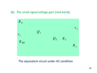 The equivalent circuit under AC condition
R BB
R C
Q1
Q2
vs
R is
vo
R o
(b) The small-signal voltage gain (mid-band);
39
 