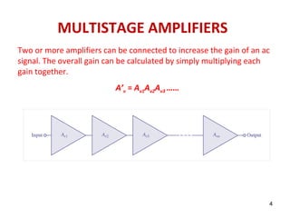 MULTISTAGE AMPLIFIERS
Two or more amplifiers can be connected to increase the gain of an ac
signal. The overall gain can be calculated by simply multiplying each
gain together.
A’v = Av1Av2Av3 ……
4
 
