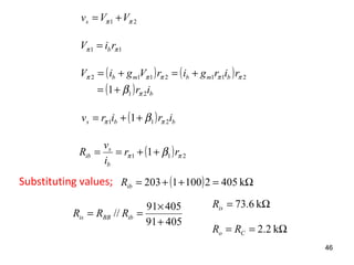 21 ππ VVvs +=
11 ππ riV b=
( ) ( )
( ) b
bmbmb
ir
rirgirVgiV
21
2112112
1 π
πππππ
β+=
+=+=
( ) bbs irirv 211 1 ππ β++=
( ) 211 1 ππ β rr
i
v
R
b
s
ib ++==
Substituting values; ( ) Ω=++= k40521001203ibR
46
40591
40591
//
+
×
== ibBBis RRR
Ω= k6.73isR
Ω== k2.2Co RR
 