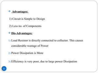 22
 Advantages:
1) Circuit is Simple to Design
2) Less no. of Components
 Dis-Advantages:
1) Load Resistor is directly connected to collector. This causes
considerable wastage of Power
2) Power Dissipation is More
3) Efficiency is very poor, due to large power Dissipation
 
