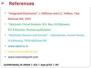 3
 References
• “Integrated Electronics”, J. Milliman and C.C. Halkias, Tata
McGraw Hill, 1972
• “Electronic Circuit Analysis- B.V. Rao, K.R.Rjeswari,
P.C.R.Pantulu- Pearson publication
• “Electronic Devices and Circuits” – Salivahanan, Suresh Kumar,
A.Vallavaraj, TATA McGraw Hill
• www.nptel.ac.in
• www.nesoacademy.org
• www.tutorialspoint.com
SUSHMINAIDU, M.PAVAN ECA Dept of ECE RIT‖ ‖ ‖
 