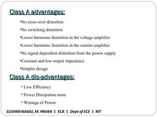 •No cross over distortion
•No switching distortion
•Lower harmonic distortion in the voltage amplifier
•Lower harmonic distortion in the current amplifier
•No signal dependent distortion from the power supply
•Constant and low output impedance
•Simpler design
Class A advantages:Class A advantages:
Class A dis-advantages:Class A dis-advantages:
• Low Efficiency
• Power Dissipation more
• Wastage of Power
SUSHMINAIDU, M.PAVAN ECA Dept of ECE RIT‖ ‖ ‖
 