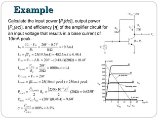 ExampleExample
Calculate the input power [Pi
(dc)], output power
[Po
(ac)], and efficiency [η] of the amplifier circuit for
an input voltage that results in a base current of
10mA peak.
RC
RB
+VCC = 20V
IC
Vi
25=β
Ω20
Ωk1
Vo
( )
%5.6%100
6.9)48.0)(20(
625.0)20(
2
10250
2
250)10(25
20
11000
20
20
4.10)20)(48.0(20
48.05.482)3.19(25
3.19
1
7.020
)(
)(
)(
232
)(
)(
)(
)()(
)(
=×=
===
=Ω
×
==
===
==
==
Ω
==
=Ω−=−=
≅===
=
Ω
−
=
−
=
−
dci
aco
CQCCdci
C
peakC
aco
C
CC
satc
B
P
P
WAVIVP
W
A
R
I
P
peakmApeakmAII
VVV
AmA
V
R
V
I
VAVRIVV
AmAmAII
mA
k
VV
R
VV
I
peakbpeakC
CCcutoffCE
CCCCCEQ
CQ
B
BECC
BQ
η
β
β
 