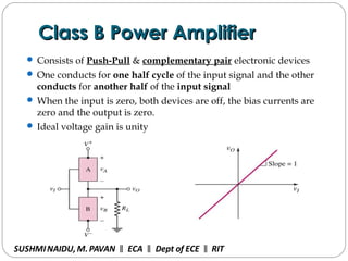 Class B Power AmplifierClass B Power Amplifier
 Consists of Push-Pull & complementary pair electronic devices
 One conducts for one half cycle of the input signal and the other
conducts for another half of the input signal
 When the input is zero, both devices are off, the bias currents are
zero and the output is zero.
 Ideal voltage gain is unity
SUSHMINAIDU, M.PAVAN ECA Dept of ECE RIT‖ ‖ ‖
 