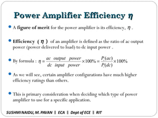 Power Amplifier EfficiencyPower Amplifier Efficiency ηη
A figure of merit for the power amplifier is its efficiency, η .
Efficiency ( η ) of an amplifier is defined as the ratio of ac output
power (power delivered to load) to dc input power .
By formula :
As we will see, certain amplifier configurations have much higher
efficiency ratings than others.
This is primary consideration when deciding which type of power
amplifier to use for a specific application.
%100
)(
)(
%100 ×=×=
dcP
acP
powerinputdc
poweroutputac
i
o
η
SUSHMINAIDU, M.PAVAN ECA Dept of ECE RIT‖ ‖ ‖
 