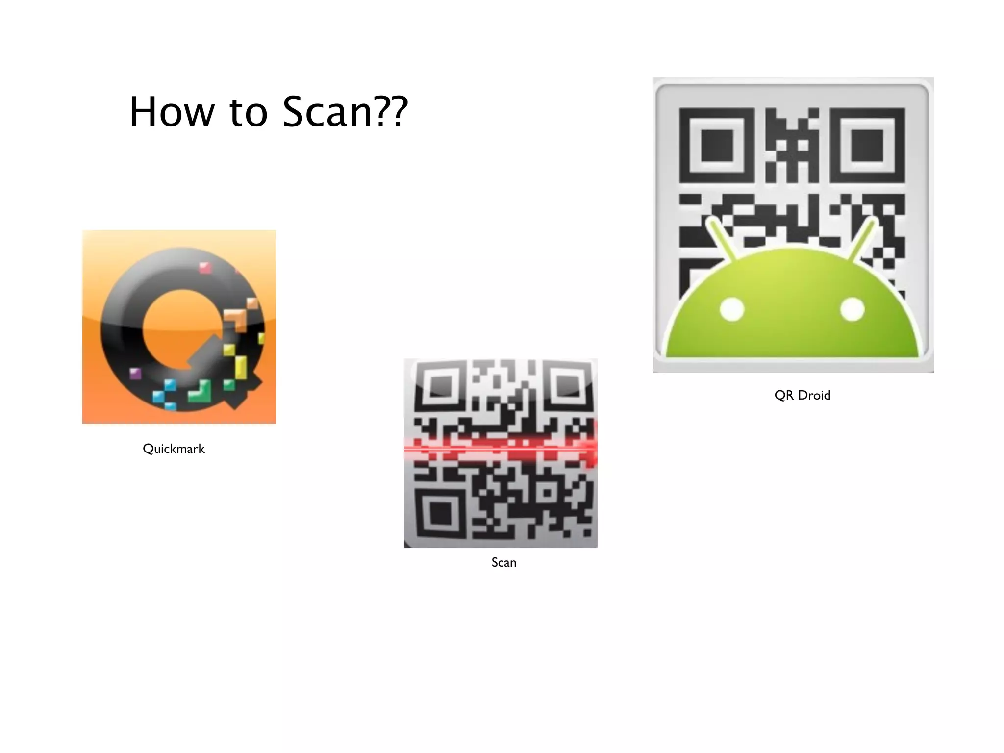 How to Scan??
QR Droid
Quickmark
Scan
