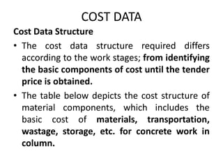 COST DATA
Cost Data Structure
• The cost data structure required differs
according to the work stages; from identifying
the basic components of cost until the tender
price is obtained.
• The table below depicts the cost structure of
material components, which includes the
basic cost of materials, transportation,
wastage, storage, etc. for concrete work in
column.
 