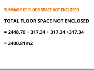 SUMMARY OF FLOOR SPACE NOT ENCLOSED
TOTAL FLOOR SPACE NOT ENCLOSED
= 2448.79 + 317.34 + 317.34 +317.34
= 3400.81m2
 