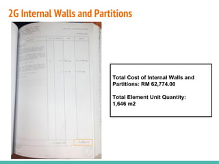 2G Internal Walls and Partitions
Total Cost of Internal Walls and
Partitions: RM 62,774.00
Total Element Unit Quantity:
1,646 m2
 