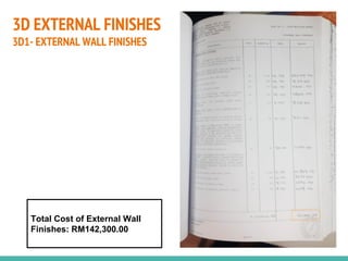 3D EXTERNAL FINISHES
3D1- EXTERNAL WALL FINISHES
Total Cost of External Wall
Finishes: RM142,300.00
 