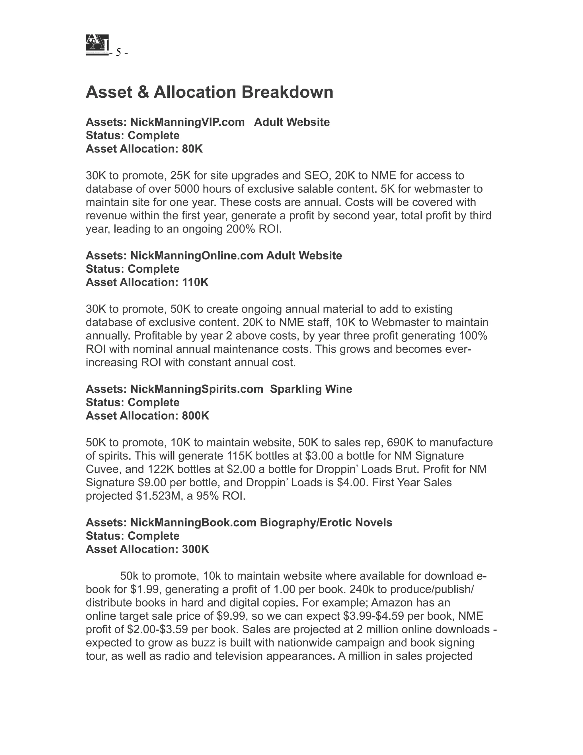 ! - ! -5
!
Asset & Allocation Breakdown
!
Assets: NickManningVIP.com Adult Website
Status: Complete
Asset Allocation: 80K
30K to promote, 25K for site upgrades and SEO, 20K to NME for access to
database of over 5000 hours of exclusive salable content. 5K for webmaster to
maintain site for one year. These costs are annual. Costs will be covered with
revenue within the first year, generate a profit by second year, total profit by third
year, leading to an ongoing 200% ROI.
!
Assets: NickManningOnline.com Adult Website
Status: Complete
Asset Allocation: 110K
!
30K to promote, 50K to create ongoing annual material to add to existing
database of exclusive content. 20K to NME staff, 10K to Webmaster to maintain
annually. Profitable by year 2 above costs, by year three profit generating 100%
ROI with nominal annual maintenance costs. This grows and becomes ever-
increasing ROI with constant annual cost.
!
Assets: NickManningSpirits.com Sparkling Wine
Status: Complete
Asset Allocation: 800K
50K to promote, 10K to maintain website, 50K to sales rep, 690K to manufacture
of spirits. This will generate 115K bottles at $3.00 a bottle for NM Signature
Cuvee, and 122K bottles at $2.00 a bottle for Droppin’ Loads Brut. Profit for NM
Signature $9.00 per bottle, and Droppin’ Loads is $4.00. First Year Sales
projected $1.523M, a 95% ROI.
!
Assets: NickManningBook.com Biography/Erotic Novels
Status: Complete
Asset Allocation: 300K
!
50k to promote, 10k to maintain website where available for download e-
book for $1.99, generating a profit of 1.00 per book. 240k to produce/publish/
distribute books in hard and digital copies. For example; Amazon has an
online target sale price of $9.99, so we can expect $3.99-$4.59 per book, NME
profit of $2.00-$3.59 per book. Sales are projected at 2 million online downloads -
expected to grow as buzz is built with nationwide campaign and book signing
tour, as well as radio and television appearances. A million in sales projected
 