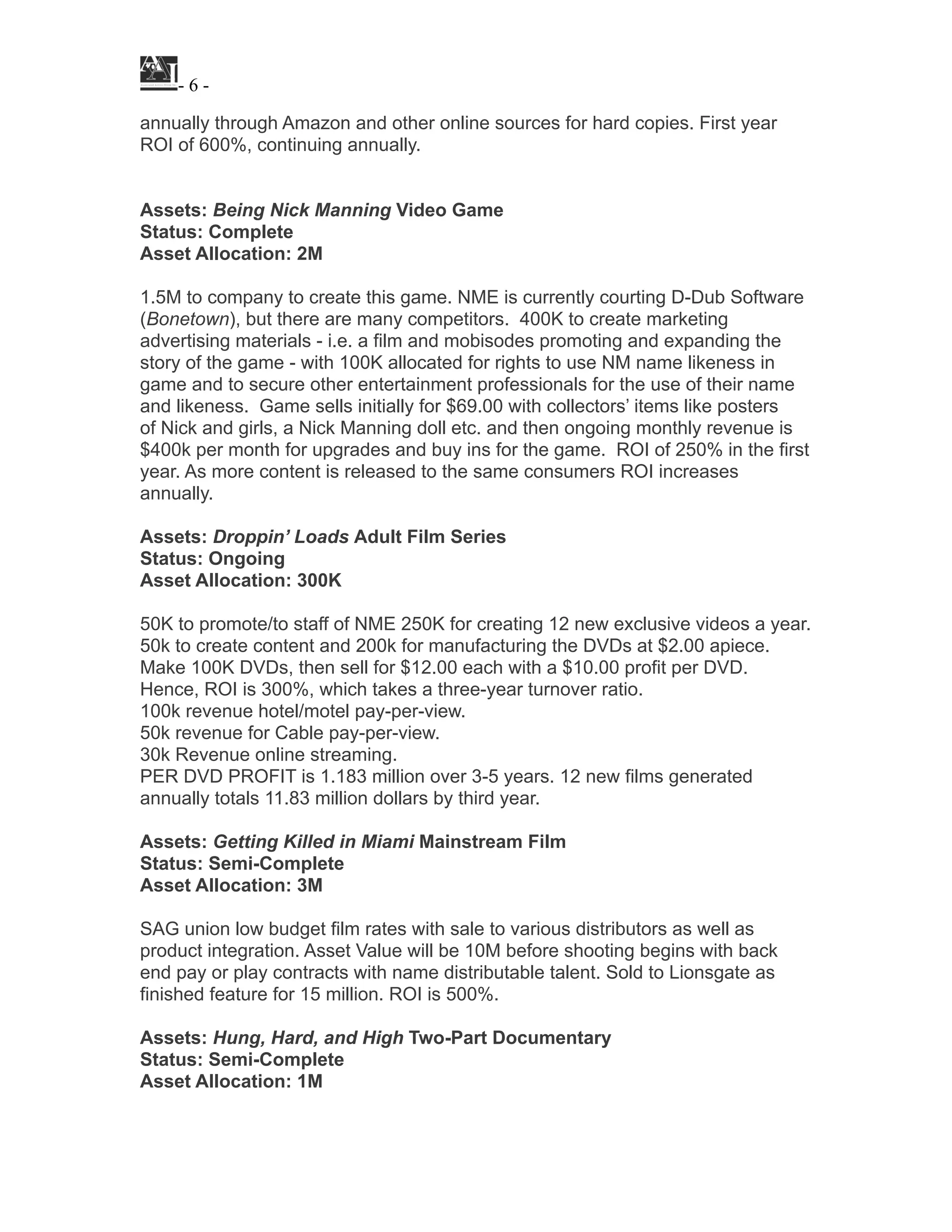 ! - ! -6
annually through Amazon and other online sources for hard copies. First year
ROI of 600%, continuing annually.
!
!
Assets: Being Nick Manning Video Game
Status: Complete
Asset Allocation: 2M
!
1.5M to company to create this game. NME is currently courting D-Dub Software
(Bonetown), but there are many competitors. 400K to create marketing
advertising materials - i.e. a film and mobisodes promoting and expanding the
story of the game - with 100K allocated for rights to use NM name likeness in
game and to secure other entertainment professionals for the use of their name
and likeness. Game sells initially for $69.00 with collectors’ items like posters
of Nick and girls, a Nick Manning doll etc. and then ongoing monthly revenue is
$400k per month for upgrades and buy ins for the game. ROI of 250% in the first
year. As more content is released to the same consumers ROI increases
annually.
!
Assets: Droppin’ Loads Adult Film Series
Status: Ongoing
Asset Allocation: 300K
!
50K to promote/to staff of NME 250K for creating 12 new exclusive videos a year.
50k to create content and 200k for manufacturing the DVDs at $2.00 apiece.
Make 100K DVDs, then sell for $12.00 each with a $10.00 profit per DVD.
Hence, ROI is 300%, which takes a three-year turnover ratio.
100k revenue hotel/motel pay-per-view.
50k revenue for Cable pay-per-view.
30k Revenue online streaming.
PER DVD PROFIT is 1.183 million over 3-5 years. 12 new films generated
annually totals 11.83 million dollars by third year.
!
Assets: Getting Killed in Miami Mainstream Film
Status: Semi-Complete
Asset Allocation: 3M
!
SAG union low budget film rates with sale to various distributors as well as
product integration. Asset Value will be 10M before shooting begins with back
end pay or play contracts with name distributable talent. Sold to Lionsgate as
finished feature for 15 million. ROI is 500%.
!
Assets: Hung, Hard, and High Two-Part Documentary
Status: Semi-Complete
Asset Allocation: 1M
!
 