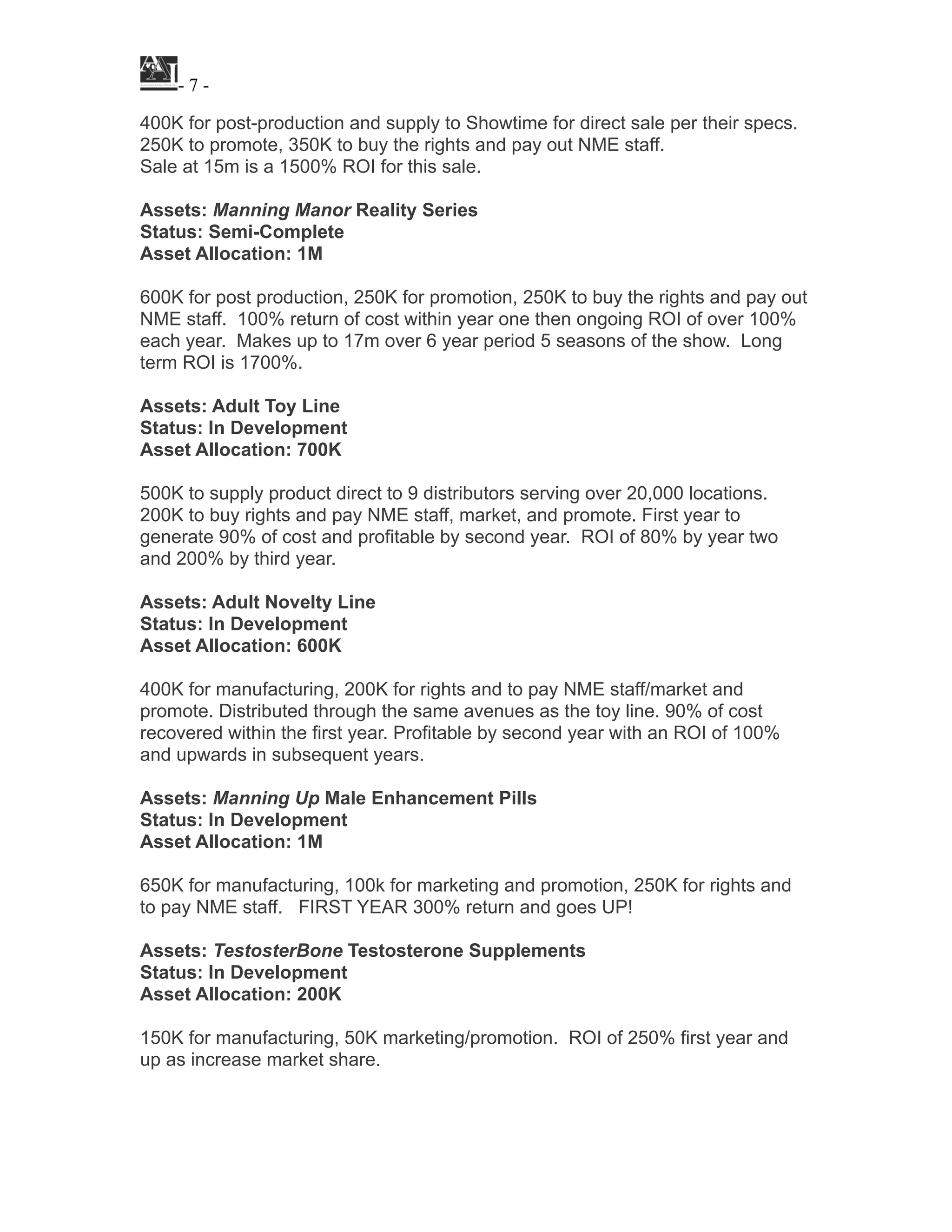 ! - ! -7
400K for post-production and supply to Showtime for direct sale per their specs.
250K to promote, 350K to buy the rights and pay out NME staff.
Sale at 15m is a 1500% ROI for this sale.
!
Assets: Manning Manor Reality Series
Status: Semi-Complete
Asset Allocation: 1M
!
600K for post production, 250K for promotion, 250K to buy the rights and pay out
NME staff. 100% return of cost within year one then ongoing ROI of over 100%
each year. Makes up to 17m over 6 year period 5 seasons of the show. Long
term ROI is 1700%.
!
Assets: Adult Toy Line
Status: In Development
Asset Allocation: 700K
!
500K to supply product direct to 9 distributors serving over 20,000 locations.
200K to buy rights and pay NME staff, market, and promote. First year to
generate 90% of cost and profitable by second year. ROI of 80% by year two
and 200% by third year.
!
Assets: Adult Novelty Line
Status: In Development
Asset Allocation: 600K
!
400K for manufacturing, 200K for rights and to pay NME staff/market and
promote. Distributed through the same avenues as the toy line. 90% of cost
recovered within the first year. Profitable by second year with an ROI of 100%
and upwards in subsequent years.
!
Assets: Manning Up Male Enhancement Pills
Status: In Development
Asset Allocation: 1M
!
650K for manufacturing, 100k for marketing and promotion, 250K for rights and
to pay NME staff. FIRST YEAR 300% return and goes UP!
!
Assets: TestosterBone Testosterone Supplements
Status: In Development
Asset Allocation: 200K
!
150K for manufacturing, 50K marketing/promotion. ROI of 250% first year and
up as increase market share.
!
!
 