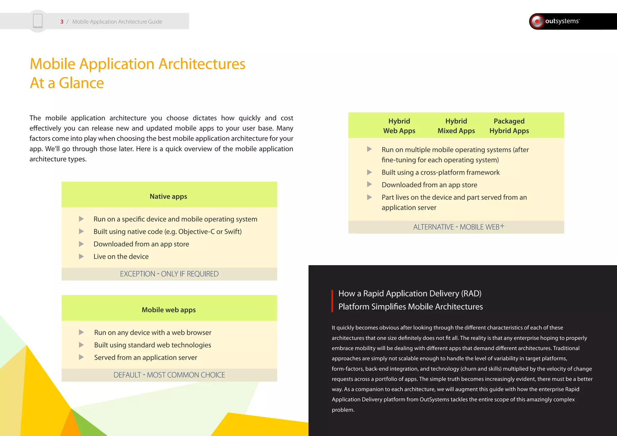 How a Rapid Application Delivery (RAD)
Platform Simplifies Mobile Architectures
It quickly becomes obvious after looking through the different characteristics of each of these
architectures that one size definitely does not fit all. The reality is that any enterprise hoping to properly
embrace mobility will be dealing with different apps that demand different architectures. Traditional
approaches are simply not scalable enough to handle the level of variability in target platforms,
form-factors, back-end integration, and technology (churn and skills) multiplied by the velocity of change
requests across a portfolio of apps. The simple truth becomes increasingly evident, there must be a better
way. As a companion to each architecture, we will augment this guide with how the enterprise Rapid
Application Delivery platform from OutSystems tackles the entire scope of this amazingly complex
problem.
Mobile Application Architectures
At a Glance
The mobile application architecture you choose dictates how quickly and cost
effectively you can release new and updated mobile apps to your user base. Many
factors come into play when choosing the best mobile application architecture for your
app. We’ll go through those later. Here is a quick overview of the mobile application
architecture types.
EXCEPTION - ONLY IF REQUIRED
Native apps
Run on a specific device and mobile operating system
Built using native code (e.g. Objective-C or Swift)
Downloaded from an app store
Live on the device
DEFAULT - MOST COMMON CHOICE
Mobile web apps
Run on any device with a web browser
Built using standard web technologies
Served from an application server
ALTERNATIVE - MOBILE WEB+
Run on multiple mobile operating systems (after
fine-tuning for each operating system)
Built using a cross-platform framework
Downloaded from an app store
Part lives on the device and part served from an
application server
Hybrid
Web Apps
Hybrid
Mixed Apps
Packaged
Hybrid Apps
/ Mobile Application Architecture Guide3
 
