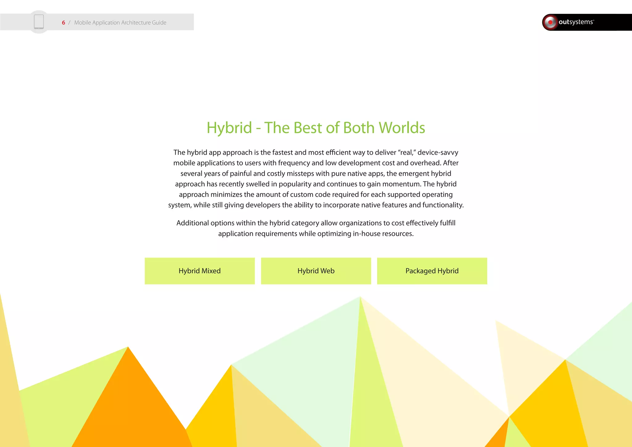 Hybrid - The Best of Both Worlds
The hybrid app approach is the fastest and most efficient way to deliver “real,” device-savvy
mobile applications to users with frequency and low development cost and overhead. After
several years of painful and costly missteps with pure native apps, the emergent hybrid
approach has recently swelled in popularity and continues to gain momentum. The hybrid
approach minimizes the amount of custom code required for each supported operating
system, while still giving developers the ability to incorporate native features and functionality.
Additional options within the hybrid category allow organizations to cost effectively fulfill
application requirements while optimizing in-house resources.
Hybrid Mixed Hybrid Web Packaged Hybrid
/ Mobile Application Architecture Guide6
 