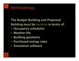 Methodology


     The Budget Building and Proposed
     Building must be identical in terms of:
      Occupancy schedules
      Weather file
      Building geometry
      Purchased energy rates
      Simulation software

18
 