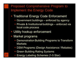 Proposed Comprehensive Program to
     Implement the Energy Code
      Traditional Energy Code Enforcement
        Government buildings – enforced by agency
        Private & Institutional buildings – enforced via
         local code process
      Utility hookup enforcement
      Market programs
        Demonstration Building Programs to Transform
         Markets
        DSM Programs (Design Assistance / Rebates)
        Green Building Rating Systems
27      Energy Labeling Schemes (1-5 Star)
 