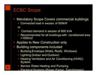 ECBC Scope
     Mandatory Scope Covers commercial buildings
       Connected load in excess of 500kW
      or
       Contract demand in excess of 600 kVA
       Recommended for all buildings with conditioned area
         >1000m2
     Applies to New Construction only
     Building components included
       Building Envelope (Walls, Roofs, Windows)
       Lighting (Indoor and Outdoor)
       Heating Ventilation and Air Conditioning (HVAC)
        System
       Service Water Heating and Pumping
5
       Electrical Systems (Power Factor, Transformers)
 