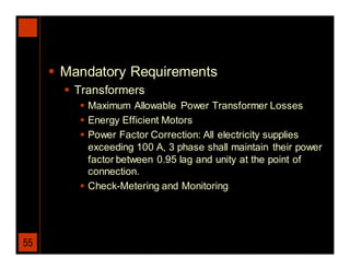  Mandatory Requirements
        Transformers
          Maximum Allowable Power Transformer Losses
          Energy Efficient Motors
          Power Factor Correction: All electricity supplies
           exceeding 100 A, 3 phase shall maintain their power
           factor between 0.95 lag and unity at the point of
           connection.
          Check-Metering and Monitoring




55
 