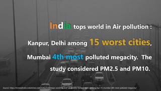 India tops world in Air pollution :
Kanpur, Delhi among 15 worst cities,
Mumbai 4th most polluted megacity. The
study considered PM2.5 and PM10.
Source: https://timesofindia.indiatimes.com/india/india-tops-world-in-bad-air-quality-kanpur-delhi-among-top-15-mumbai-4th-most-polluted-megacity/
 
