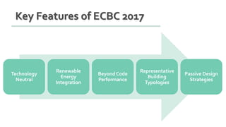Key Features of ECBC 2017
Technology
Neutral
Renewable
Energy
Integration
Beyond Code
Performance
Representative
Building
Typologies
Passive Design
Strategies
 