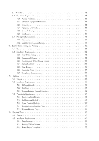 General5.1 	 .   .   .   .   .   .   .   .   .   .   .   .   .   .   .   .   .   .   .   .   .   .   .   .   .   .   .   .   .   .   .   .   .   .   .   . 33
Mandatory Requirements5.2 	 .   .   .   .   .   .   .   .   .   .   .   .   .   .   .   .   .   .   .   .   .   .   .   .   .   .   .   .   . 34
Natural Ventilation5.2.1 	 . . . . . . . . . . . . . . . . . . . . . . . . . . . . 34
Minimum Equipment Efficiencies5.2.2 	 .  .  .  .  .  .  .  .  .  .  .  .  .  .  .  .  .  .  .  .  .  . 38
Controls5.2.3 	 .   .   .   .   .   .   .   .   .   .   .   .   .   .   .   .   .   .   .   .   .   .   .   .   .   .   .   .   .   .   .   .  42
Piping and Ductwork5.2.4 	 .   .   .   .   .   .   .   .   .   .   .   .   .   .   .   .   .   .   .   .   .   .   .   .   .   .   .  44
System Balancing5.2.5 	 .  .  .  .  .  .  .  .  .  .  .  .  .  .  .  .  .  .  .  .  .  .  .  .  .  .  .  .  . 46
Condensers5.2.6 	 .   .   .   .   .   .   .   .   .   .   .   .   .   .   .   .   .   .   .   .   .   .   .   .   .   .   .   .   .   .   .  48
Prescriptive Requirements5.3 	 .   .   .   .   .   .   .   .   .   .   .   .   .   .   .   .   .   .   .   .   .   .   .   .   .   .   .   .  48
Economizers5.3.1 	 .   .   .   .   .   .   .   .   .   .   .   .   .   .   .   .   .   .   .   .   .   .   .   .   .   .   .   .   .   .  49
Variable Flow Hydronic Systems5.3.2 	 .   .   .   .   .   .   .   .   .   .   .   .   .   .   .   .   .   .   .   .   .   .   . 50
Service Water Heating and Pumping6.	 .   .   .   .   .   .   .   .   .   .   .   .   .   .   .   .   .   .   .   .   .   .   .   .   .   .   . 52
General6.1 	 .   .   .   .   .   .   .   .   .   .   .   .   .   .   .   .   .   .   .   .   .   .   .   .   .   .   .   .   .   .   .   .   .   .   .   . 52
Mandatory Requirements6.2 	 .   .   .   .   .   .   .   .   .   .   .   .   .   .   .   .   .   .   .   .   .   .   .   .   .   .   .   .   . 52
Solar Water Heating6.2.1 	 .   .   .   .   .   .   .   .   .   .   .   .   .   .   .   .   .   .   .   .   .   .   .   .   .   .   .   . 52
Equipment Efficiency6.2.2 	 .  .  .  .  .  .  .  .  .  .  .  .  .  .  .  .  .  .  .  .  .  .  .  .  .  .  . 54
Supplementary Water Heating System6.2.3 	 .   .   .   .   .   .   .   .   .   .   .   .   .   .   .   .   .   .   .   .   . 55
Piping Insulation6.2.4 	 .  .  .  .  .  .  .  .  .  .  .  .  .  .  .  .  .  .  .  .  .  .  .  .  .  .  .  .  . 55
Heat Traps6.2.5 	 .   .   .   .   .   .   .   .   .   .   .   .   .   .   .   .   .   .   .   .   .   .   .   .   .   .   .   .   .   .   .  56
Swimming Pools6.2.6 	 .   .   .   .   .   .   .   .   .   .   .   .   .   .   .   .   .   .   .   .   .   .   .   .   .   .   .   .   .  57
Compliance Documentation6.2.7 	 .   .   .   .   .   .   .   .   .   .   .   .   .   .   .   .   .   .   .   .   .   .   .   .  57
Lighting7.	 .   .   .   .   .   .   .   .   .   .   .   .   .   .   .   .   .   .   .   .   .   .   .   .   .   .   .   .   .   .   .   .   .   .   .   .   .   . 58
General7.1 	 .   .   .   .   .   .   .   .   .   .   .   .   .   .   .   .   .   .   .   .   .   .   .   .   .   .   .   .   .   .   .   .   .   .   .   . 58
Mandatory Requirements7.2 	 .   .   .   .   .   .   .   .   .   .   .   .   .   .   .   .   .   .   .   .   .   .   .   .   .   .   .   .   . 58
Lighting Control7.2.1 	 .   .   .   .   .   .   .   .   .   .   .   .   .   .   .   .   .   .   .   .   .   .   .   .   .   .   .   .   .  59
Exit Signs7.2.2 	 .   .   .   .   .   .   .   .   .   .   .   .   .   .   .   .   .   .   .   .   .   .   .   .   .   .   .   .   .   .   .   . 63
Exterior Building Grounds Lighting7.2.3 	 .   .   .   .   .   .   .   .   .   .   .   .   .   .   .   .   .   .   .   .   .  64
Prescriptive Requirements7.3 	 .   .   .   .   .   .   .   .   .   .   .   .   .   .   .   .   .   .   .   .   .   .   .   .   .   .   .   .  65
Interior Lighting Power7.3.1 	 .   .   .   .   .   .   .   .   .   .   .   .   .   .   .   .   .   .   .   .   .   .   .   .   .   .  65
Building Area Method7.3.2 	 .  .  .  .  .  .  .  .  .  .  .  .  .  .  .  .  .  .  .  .  .  .  .  .  .  .  . 65
Space Function Method7.3.3 	 . . . . . . . . . . . . . . . . . . . . . . . . . . 66
Installed Interior Lighting Power7.3.4 	 .   .   .   .   .   .   .   .   .   .   .   .   .   .   .   .   .   .   .   .   .   .   . 67
Exterior Lighting Power7.3.5 	 . . . . . . . . . . . . . . . . . . . . . . . . . . 68
Electrical Power8.	 .   .   .   .   .   .   .   .   .   .   .   .   .   .   .   .   .   .   .   .   .   .   .   .   .   .   .   .   .   .   .   .   .   .   . 69
General8.1 	 .   .   .   .   .   .   .   .   .   .   .   .   .   .   .   .   .   .   .   .   .   .   .   .   .   .   .   .   .   .   .   .   .   .   .   . 69
Mandatory Requirements8.2 	 .   .   .   .   .   .   .   .   .   .   .   .   .   .   .   .   .   .   .   .   .   .   .   .   .   .   .   .   . 69
Transformers8.2.1 	 .   .   .   .   .   .   .   .   .   .   .   .   .   .   .   .   .   .   .   .   .   .   .   .   .   .   .   .   .   .  69
Energy-Efficient Motors8.2.2 	 .  .  .  .  .  .  .  .  .  .  .  .  .  .  .  .  .  .  .  .  .  .  .  .  .  . 72
Power Factor Correction8.2.3 	 .  .  .  .  .  .  .  .  .  .  .  .  .  .  .  .  .  .  .  .  .  .  .  .  .  . 77
 