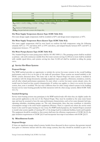Appendix B: Whole Building Performance Method
Energy Conservation Building Code (ECBC) User Guide			 				 B.21
0.80 0.68
0.90 0.83
1.00 1.00
Method 2 – Part-Load Fan Power Equation
Pfan: 0.0013 + 0.1470 × PLRfan + 0.9506 × (PLRfan)2 -0.0998 × (PLRfan)3
where
Pfan: fraction of full-load fan power and
PLRfan: fan part-load ratio (current cfm/design cfm).
Hot Water Supply Temperature (System Type: ECBC Table 10.2)
Hot water design supply temperature shall be modeled as 82°C and design return temperature as 54°C.
Hot Water Supply Temperature Reset (System Type: ECBC Table 10.2)
Hot water supply temperature shall be reset based on outdoor dry-bulb temperature using the following
schedule: 82°C at –7°C and below, 66°C at 10°C and above, and ramped linearly between 82°C and 66°C at
temperatures between –7°C and 10°C.
Hot Water Pumps (System Type: ECBC Table 10.2)
The Standard Design hot water pump power shall be 301 kW/1000 L/s. The pumping system shall be modeled
as primary- only with continuous variable flow. Hot water systems serving 11,148 m2 or more shall be modeled
with variable speed drives, and systems serving less than 11,148 m2 shall be modeled as riding the pump
curve.
Service Hot-Water Systemsg)	
Proposed Design
The WBP method provides an opportunity to include the service hot-water systems in the overall building
performance, and so for it to be part of the trade-off procedures. These systems are treated similarly to the
HVAC systems discussed above. The basic rule is that the Proposed Design hot water system is modeled in
accordance with the design documents, including equipment types, capacities, efficiencies, insulation, controls,
and all other related performance parameters. In cases where a service hot-water system already exists, the
model must be based on that system’s characteristics. If neither case applies, i.e. there is no service hot-water
system, then, none is modeled. The last rule is different than for other energy-related systems in the building
because service water heating generally has little interaction with the other energy systems. (Refer ECBC Table
10.1 (7))
Standard Designing
Service water-heating systems may participate in the WBP method trade-offs when they are eligible (under the
same permit application as the rest of the Proposed Design). They must be modeled as the same water heater
type and must be assumed to have the same performance characteristics, such as hot water demand, fuel type,
operating schedules, circulating pumps, etc. The only characteristic, then, that may contribute to electricity
consumption savings is the water heater equipment efficiency. There is a special case where the service water
heater is also used for space heating (or vice versa). For WBP method purposes, the Standard Design is assumed
to model solar system capable of meeting 20% of the design load for residential facilities, hotels and hospitals.
The equipment should be modeled so that system shall meet the efficiency requirements of ECBC §6.2.2, the
pipe insulation requirements of ECBC §6.2.4 and incorporate heat traps in accordance with ECBC §6.2.5.
Miscellaneous Loads:h)	
Proposed Design
If there are significant energy-related systems, besides those discussed in above sections, that generate internal
heat gains or otherwise interact with the other energy systems, then they should be modeled as part of the
 
