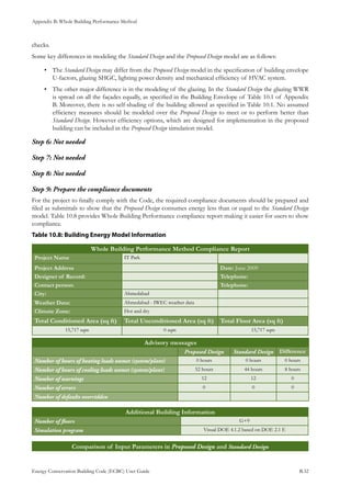 Appendix B: Whole Building Performance Method
Energy Conservation Building Code (ECBC) User Guide			 				 B.32
checks.
Some key differences in modeling the Standard Design and the Proposed Design model are as follows:
The•	 Standard Design may differ from the Proposed Design model in the specification of building envelope
U-factors, glazing SHGC, lighting power density and mechanical efficiency of HVAC system.
The other major difference is in the modeling of the glazing. In the•	 Standard Design the glazing WWR
is spread on all the façades equally, as specified in the Building Envelope of Table 10.1 of Appendix
B. Moreover, there is no self-shading of the building allowed as specified in Table 10.1. No assumed
efficiency measures should be modeled over the Proposed Design to meet or to perform better than
Standard Design. However efficiency options, which are designed for implementation in the proposed
building can be included in the Proposed Design simulation model.
Not neededStep 6:	
Not neededStep 7:	
Not neededStep 8:	
Prepare the compliance documentsStep 9:	
For the project to finally comply with the Code, the required compliance documents should be prepared and
filed as submittals to show that the Proposed Design consumes energy less than or equal to the Standard Design
model. Table 10.8 provides Whole Building Performance compliance report making it easier for users to show
compliance.
: Building Energy Model InformationTable 10.8
Whole Building Performance Method Compliance Report
Project Name IT Park
Project Address Date: June 2009
Designer of Record: Telephone:
Contact person: Telephone:
City: Ahmedabad
Weather Data: Ahmedabad - IWEC weather data
Climate Zone: Hot and dry
Total Conditioned Area (sq ft) Total Unconditioned Area (sq ft) Total Floor Area (sq ft)
15,717 sqm 0 sqm 15,717 sqm
Advisory messages
Proposed Design Standard Design Difference
Number of hours of heating loads unmet (system/plant) 0 hours 0 hours 0 hours
Number of hours of cooling loads unmet (system/plant) 52 hours 44 hours 8 hours
Number of warnings 12 12 0
Number of errors 0 0 0
Number of defaults overridden
Additional Building Information
Number of floors G+9
Simulation program Visual DOE 4.1.2 based on DOE 2.1 E
Comparison of Input Parameters in Proposed Design and Standard Design
 