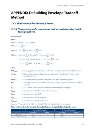 Appendix D: Building Envelope Tradeoff Method
Energy Conservation Building Code (ECBC) User Guide			 				 D.1
APPENDIX D: Building Envelope Tradeoff
Method
The Envelope Performance Factor12.1 	
The envelope performance factor shall be calculated using the fol-12.1.1 	
lowing equations.
Equation 12 1:
where
EPF EPF EPF EPFTotal Roof Wall Fenest= + +
EPF C U ARoof Roof S S
S
n
1
=
=
/
EPF C U A C U A,,Wall Wall Mass S S
S
n
Wall Other S S
S
n
11
= +
==
/ /
EPF C SHGC M A C U A
C SHGC M A C U A
C SHGC M A C U A
,,
,,
,,
Fenest Fenest North W W W
W
n
Fenest North W W
W
n
Fenest NonNorth W W W
W
n
Fenest NonNorth W W
W
n
SSStseneF
S
n
Fenest S S
S
n
thgilykSthgilykS
1
1
2
1
1
1
2
1
1
1
2
1
++=
+ +
+
==
==
==
/ /
/ /
/ /
where
EPFRoof	 : Envelope performance factor for roofs. Other subscripts include walls and fenestration.
As, Aw		: The area of a specific envelope component referenced by the subscript “s” or for windows 	
	 the subscript “w”.
SHGCw	 : The solar heat gain coefficient for windows (w). SHGCs refers to skylights.
Mw 		 : A multiplier for the window SHGC that depends on the projection factor of an overhang
		 or sidefin.
Us		 : The U-factor for the envelope component referenced by the subscript “s”
CRoof	 	 : A coefficient for the “Roof” class of construction
CWall	 	 : A coefficient for the “Wall”
C1 Fenest	 : A coefficient for the “Fenestration 1”
C2 Fenest	 : A coefficient for the “Fenestration 2”
Values of “c” are taken from Table 12.1 through Table 12.5 for each class of construction.
: Envelope Performance Factor Coefficients-Composite Climate (under review)Table 12.1
Daytime Occupancy 24-Hour Occupancy
U-factor SHGC U-Factor SHGC
Mass Walls 6.01 - 13.85 -
Curtain Walls, Other 15.72 - 20.48 -
 