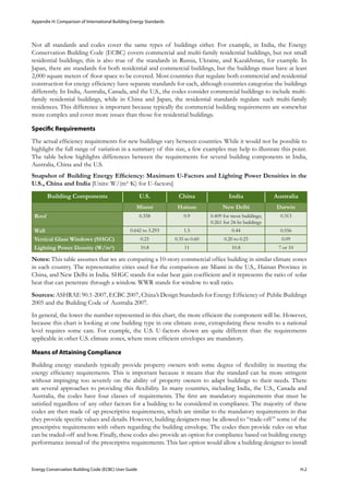 Appendix H: Comparison of International Building Energy Standards
Energy Conservation Building Code (ECBC) User Guide			 				 H.2
Not all standards and codes cover the same types of buildings either. For example, in India, the Energy
Conservation Building Code (ECBC) covers commercial and multi-family residential buildings, but not small
residential buildings; this is also true of the standards in Russia, Ukraine, and Kazakhstan, for example. In
Japan, there are standards for both residential and commercial buildings, but the buildings must have at least
2,000 square meters of floor space to be covered. Most countries that regulate both commercial and residential
construction for energy efficiency have separate standards for each, although countries categorize the buildings
differently. In India, Australia, Canada, and the U.S., the codes consider commercial buildings to include multi-
family residential buildings, while in China and Japan, the residential standards regulate such multi-family
residences. This difference is important because typically the commercial building requirements are somewhat
more complex and cover more issues than those for residential buildings.
Specific Requirements
The actual efficiency requirements for new buildings vary between countries. While it would not be possible to
highlight the full range of variation in a summary of this size, a few examples may help to illustrate this point.
The table below highlights differences between the requirements for several building components in India,
Australia, China and the U.S.
Snapshot of Building Energy Efficiency: Maximum U-Factors and Lighting Power Densities in the
U.S., China and India [Units: W/(m²·K) for U-factors]
Building Components U.S. China India Australia
Miami Hainan New Delhi Darwin
Roof 0.358 0.9 0.409 for most buildings;
0.261 for 24-hr buildings
0.313
Wall 0.642 to 3.293 1.5 0.44 0.556
Vertical Glass Windows (SHGC) 0.25 0.35 to 0.60 0.20 to 0.25 0.09
Lighting Power Density (W/m²) 10.8 11 10.8 7 or 10
Notes: This table assumes that we are comparing a 10-story commercial office building in similar climate zones
in each country. The representative cities used for the comparison are Miami in the U.S., Hainan Province in
China, and New Delhi in India. SHGC stands for solar heat gain coefficient and it represents the ratio of solar
heat that can penetrate through a window. WWR stands for window to wall ratio.
Sources: ASHRAE 90.1-2007, ECBC 2007, China’s Design Standards for Energy Efficiency of Public Buildings
2005 and the Building Code of Australia 2007.
In general, the lower the number represented in this chart, the more efficient the component will be. However,
because this chart is looking at one building type in one climate zone, extrapolating these results to a national
level requires some care. For example, the U.S. U-factors shown are quite different than the requirements
applicable in other U.S. climate zones, where more efficient envelopes are mandatory.
Means of Attaining Compliance
Building energy standards typically provide property owners with some degree of flexibility in meeting the
energy efficiency requirements. This is important because it means that the standard can be more stringent
without impinging too severely on the ability of property owners to adapt buildings to their needs. There
are several approaches to providing this flexibility. In many countries, including India, the U.S., Canada and
Australia, the codes have four classes of requirements. The first are mandatory requirements that must be
satisfied regardless of any other factors for a building to be considered in compliance. The majority of these
codes are then made of up prescriptive requirements, which are similar to the mandatory requirements in that
they provide specific values and details. However, building designers may be allowed to “trade-off” some of the
prescriptive requirements with others regarding the building envelope. The codes then provide rules on what
can be traded-off and how. Finally, these codes also provide an option for compliance based on building energy
performance instead of the prescriptive requirements. This last option would allow a building designer to install
 