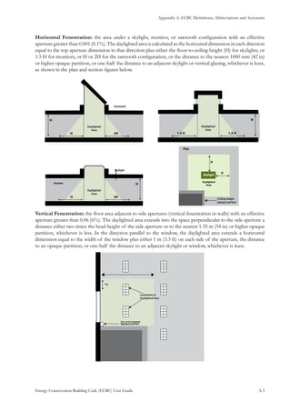 Appendix A: ECBC Definitions, Abbreviations and Acronyms
Energy Conservation Building Code (ECBC) User Guide			 				 A.3
Horizontal Fenestration: the area under a skylight, monitor, or sawtooth configuration with an effective
aperture greater than 0.001 (0.1%). The daylighted area is calculated as the horizontal dimension in each direction
equal to the top aperture dimension in that direction plus either the floor-to-ceiling height (H) for skylights, or
1.5 H for monitors, or H or 2H for the sawtooth configuration, or the distance to the nearest 1000 mm (42 in)
or higher opaque partition, or one-half the distance to an adjacent skylight or vertical glazing, whichever is least,
as shown in the plan and section figures below.
Vertical Fenestration: the floor area adjacent to side apertures (vertical fenestration in walls) with an effective
aperture greater than 0.06 (6%). The daylighted area extends into the space perpendicular to the side aperture a
distance either two times the head height of the side aperture or to the nearest 1.35 m (54 in) or higher opaque
partition, whichever is less. In the direction parallel to the window, the daylighted area extends a horizontal
dimension equal to the width of the window plus either 1 m (3.3 ft) on each side of the aperture, the distance
to an opaque partition, or one-half the distance to an adjacent skylight or window, whichever is least.
 