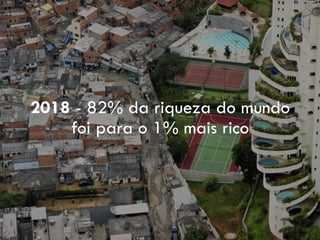 2018 - 82% da riqueza do mundo
foi para o 1% mais rico
 