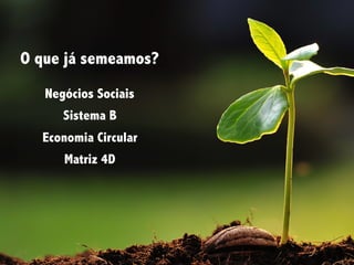 O que já semeamos?
Negócios Sociais
Sistema B
Economia Circular
Matriz 4D
 