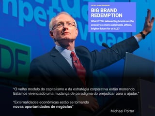 “O velho modelo do capitalismo e da estratégia corporativa estão morrendo.
Estamos vivenciado uma mudança de paradigma do prejudicar para o ajudar.”
 
“Externalidades econômicas estão se tornando
novas oportunidades de negócios”
Michael Porter
 