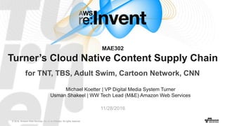 © 2016, Amazon Web Services, Inc. or its Affiliates. All rights reserved.
Michael Koetter | VP Digital Media System Turner
Usman Shakeel | WW Tech Lead (M&E) Amazon Web Services
11/28/2016
MAE302
Turner’s Cloud Native Content Supply Chain
for TNT, TBS, Adult Swim, Cartoon Network, CNN
 