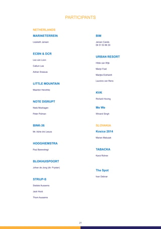 21
NETHERLANDS
MARINETERREIN
Liesbeth Jansen
ECBN & DCR
Leo van Loon
Callum Lee
Adrian Sneeuw
LITTLE MOUNTAIN
Maarten Hendriks
NOTE DISRUPT
Niels Moshagen
Peter Polman
BINK-36
Mr. Adrie drs Lesuis
HOOGHIEMSTRA
Paul Barendregt
BLOKHUISPOORT
Johan de Jong (dir. Fryslan)
STRIJP-S
Sietske Aussems
Jack Hock
Thom Aussems
BIM
Jeroen Carels
06 51 53 86 30
URBAN RESORT
Hilde van Wijk
Merijn Foet
Marijke Eckhardt
Laurens van Rens
KVK
Richard Hoving
Me We
Winand Singh
SLOVAKIA
Kosice 2014
Marian Matusak
TABACKA
Karol Rohrer
The Spot
Ivan Debnar
PARTICIPANTS
 