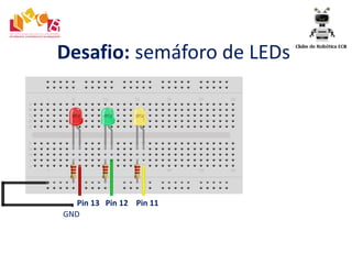 Desafio: semáforo de LEDs
Pin 13 Pin 12 Pin 11
GND
 