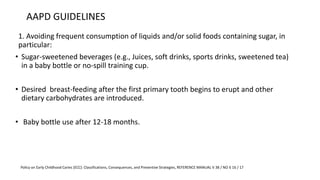 AAPD GUIDELINES
1. Avoiding frequent consumption of liquids and/or solid foods containing sugar, in
particular:
• Sugar-sweetened beverages (e.g., Juices, soft drinks, sports drinks, sweetened tea)
in a baby bottle or no-spill training cup.
• Desired breast-feeding after the first primary tooth begins to erupt and other
dietary carbohydrates are introduced.
• Baby bottle use after 12-18 months.
Policy on Early Childhood Caries (ECC): Classifications, Consequences, and Preventive Strategies, REFERENCE MANUAL V 38 / NO 6 16 / 17
 