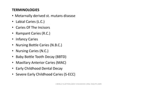 TERMINOLOGIES
• Metarnally derived st. mutans disease
• Labial Caries (L.C.)
• Caries Of The Incisors
• Rampant Caries (R.C.)
• Infancy Caries
• Nursing Bottle Caries (N.B.C.)
• Nursing Caries (N.C.)
• Baby Bottle Tooth Decay (BBTD)
• Maxillary Anterior Caries (MAC)
• Early Childhood Dental Decay
• Severe Early Childhood Caries (S-ECC)
J BERG,R SLAYTON,EARLY CHILDHOOD ORAL HEALTH,2009
 