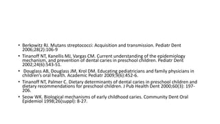 • Berkowitz RJ. Mutans streptococci: Acquisition and transmission. Pediatr Dent
2006;28(2):106-9
• Tinanoff NT, Kanellis MJ, Vargas CM. Current understanding of the epidemiology
mechanism, and prevention of dental caries in preschool children. Pediatr Dent
2002;24(6):543-51.
• Douglass AB, Douglass JM, Krol DM. Educating pediatricians and family physicians in
children’s oral health. Academic Pediatr 2009;9(6):452-6.
• Tinanoff NT, Palmer C. Dietary determinants of dental caries in preschool children and
dietary recommendations for preschool children. J Pub Health Dent 2000;60(3): 197-
206.
• Seow WK. Biological mechanisms of early childhood caries. Community Dent Oral
Epidemiol 1998;26(suppl): 8-27.
 